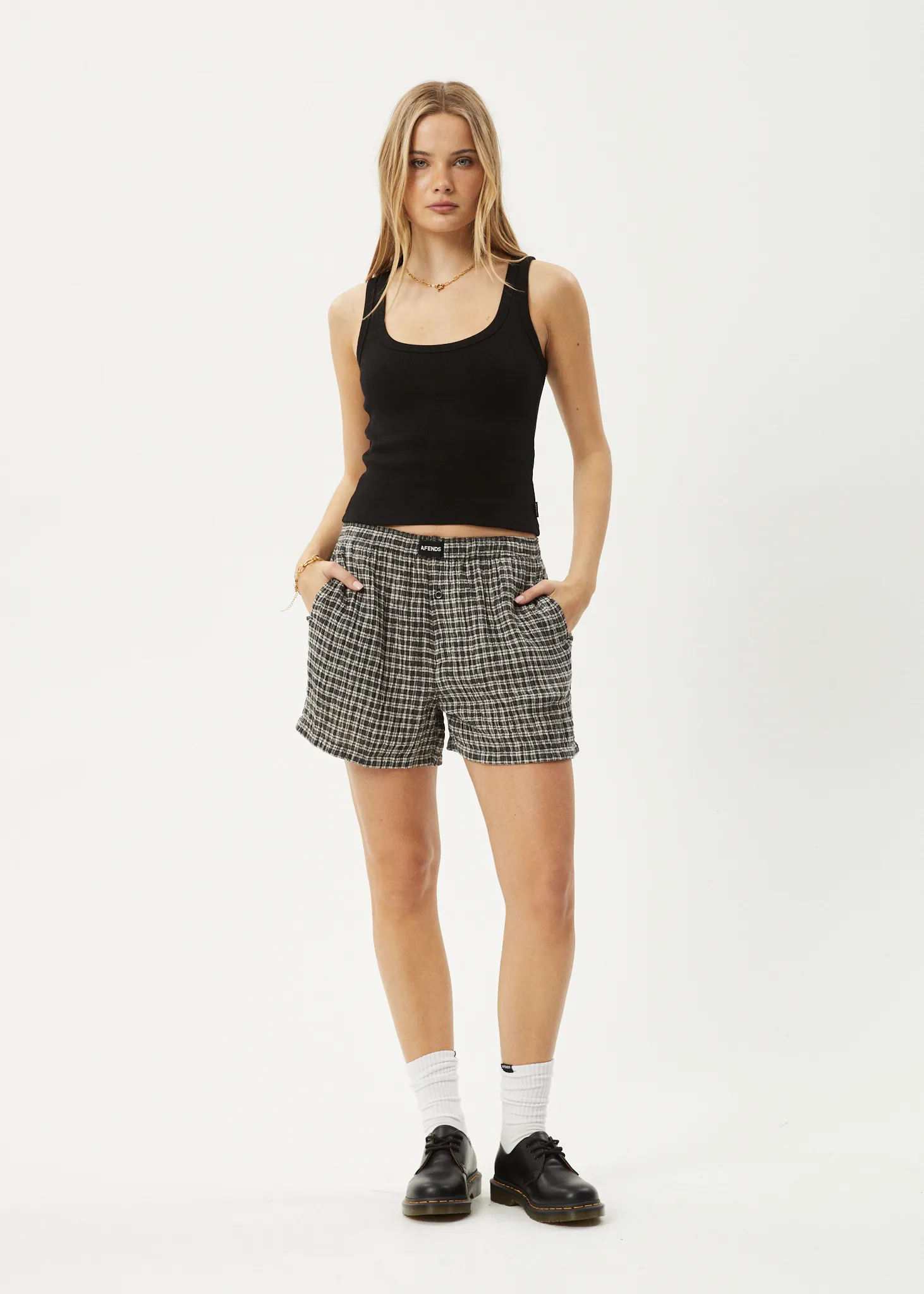 AFENDS Womens Asta - Seersucker Check Boxer Short - Steel Check