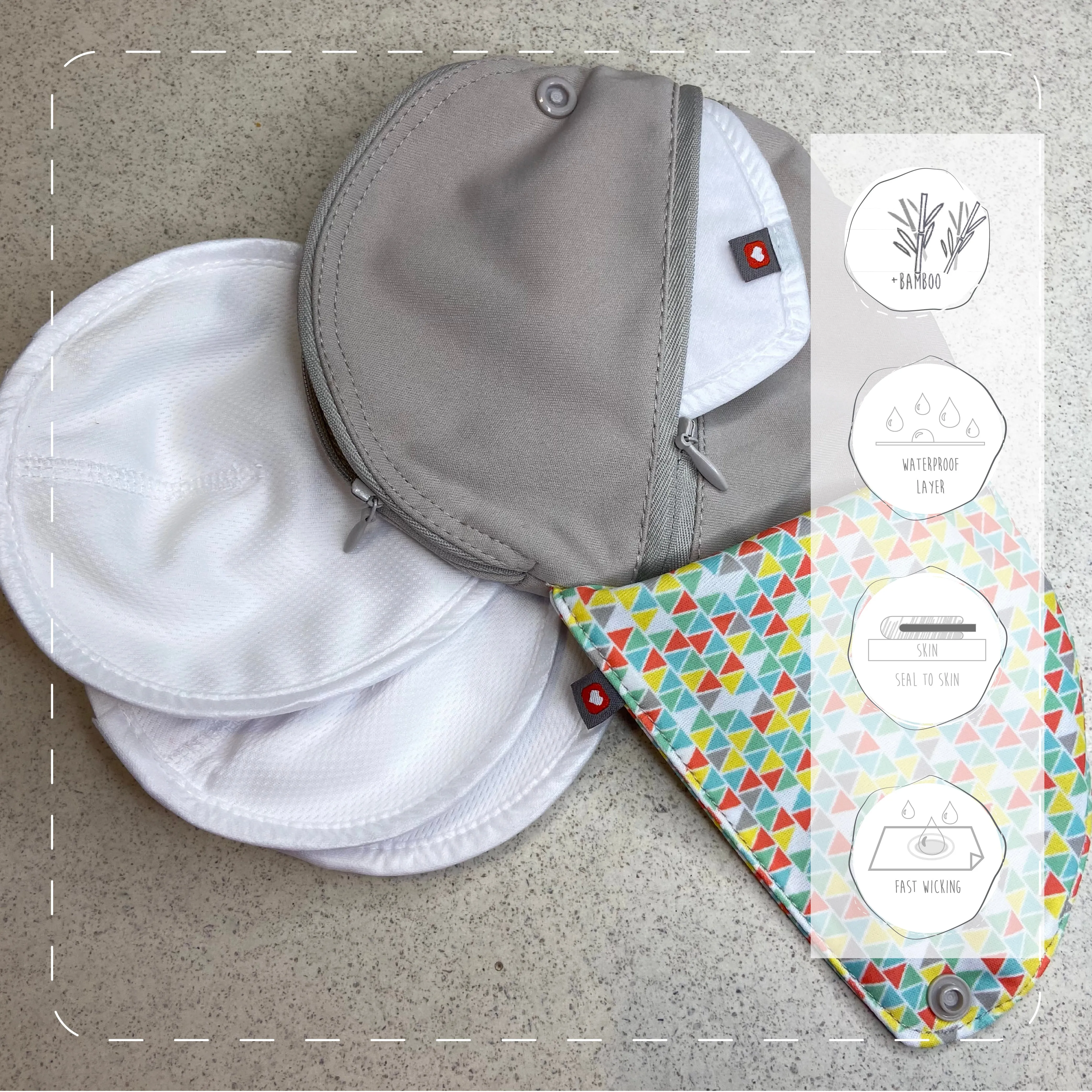 Close Pop-in Contoured Reusable Teardrop Bamboo Breast Pads and Shaped Wet/Dry Zipp able Storage Pouch