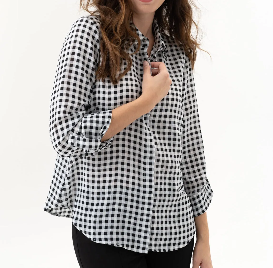 Gingham Check Tab Blouse