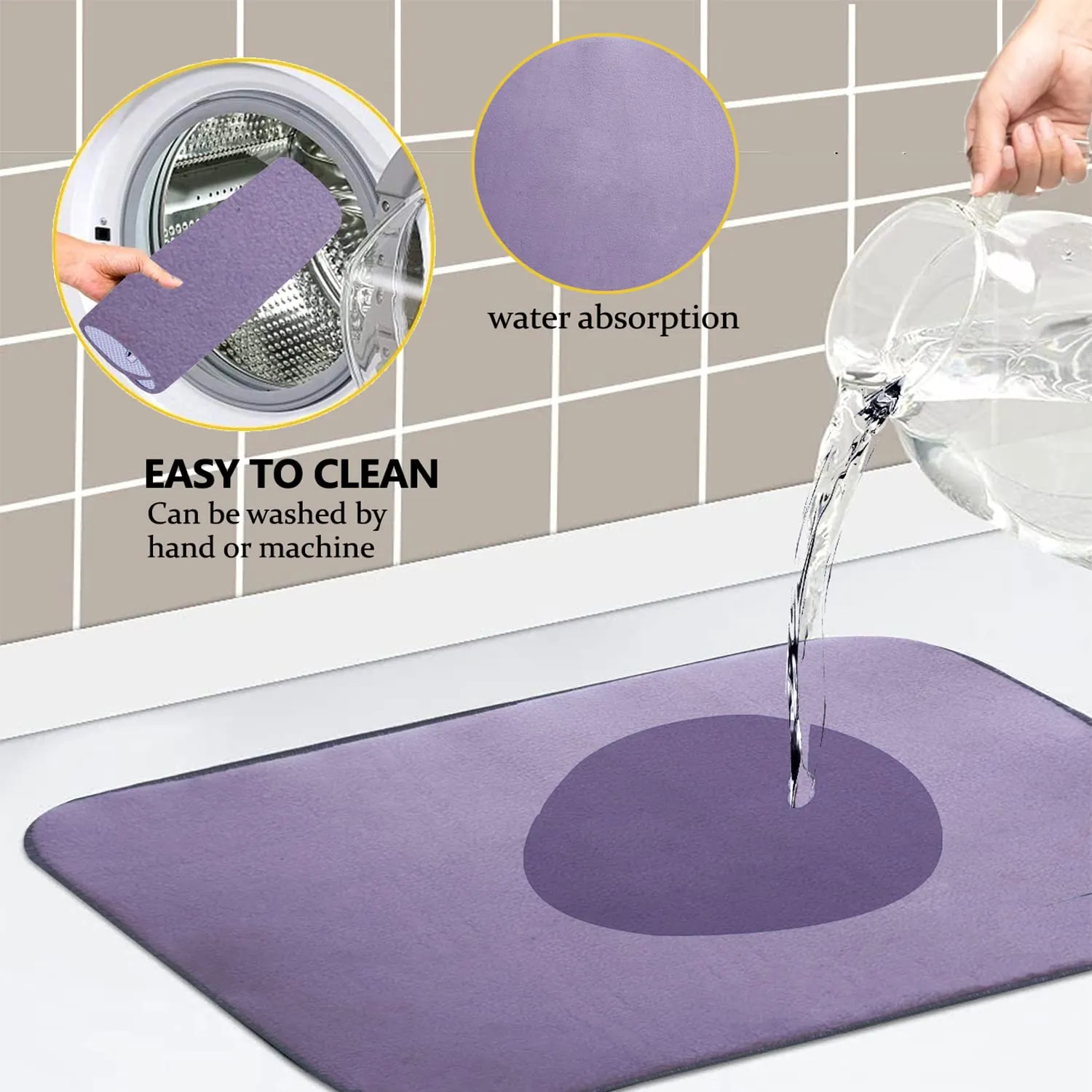 Heart Home Microfiber Reversible Dish Drying Mat with Absorbent Parity for Kitchen 27"x 19",Pack of 3 (Purple)