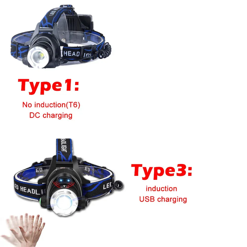 High Bright LED Induction Headlamp USB/DC Rechargeable Headlight Aluminium Alloy Zoom Head Torch Outdoor Waterproof Head Lamp