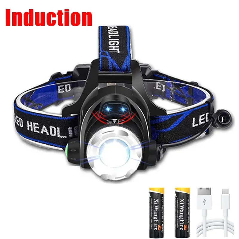 High Bright LED Induction Headlamp USB/DC Rechargeable Headlight Aluminium Alloy Zoom Head Torch Outdoor Waterproof Head Lamp