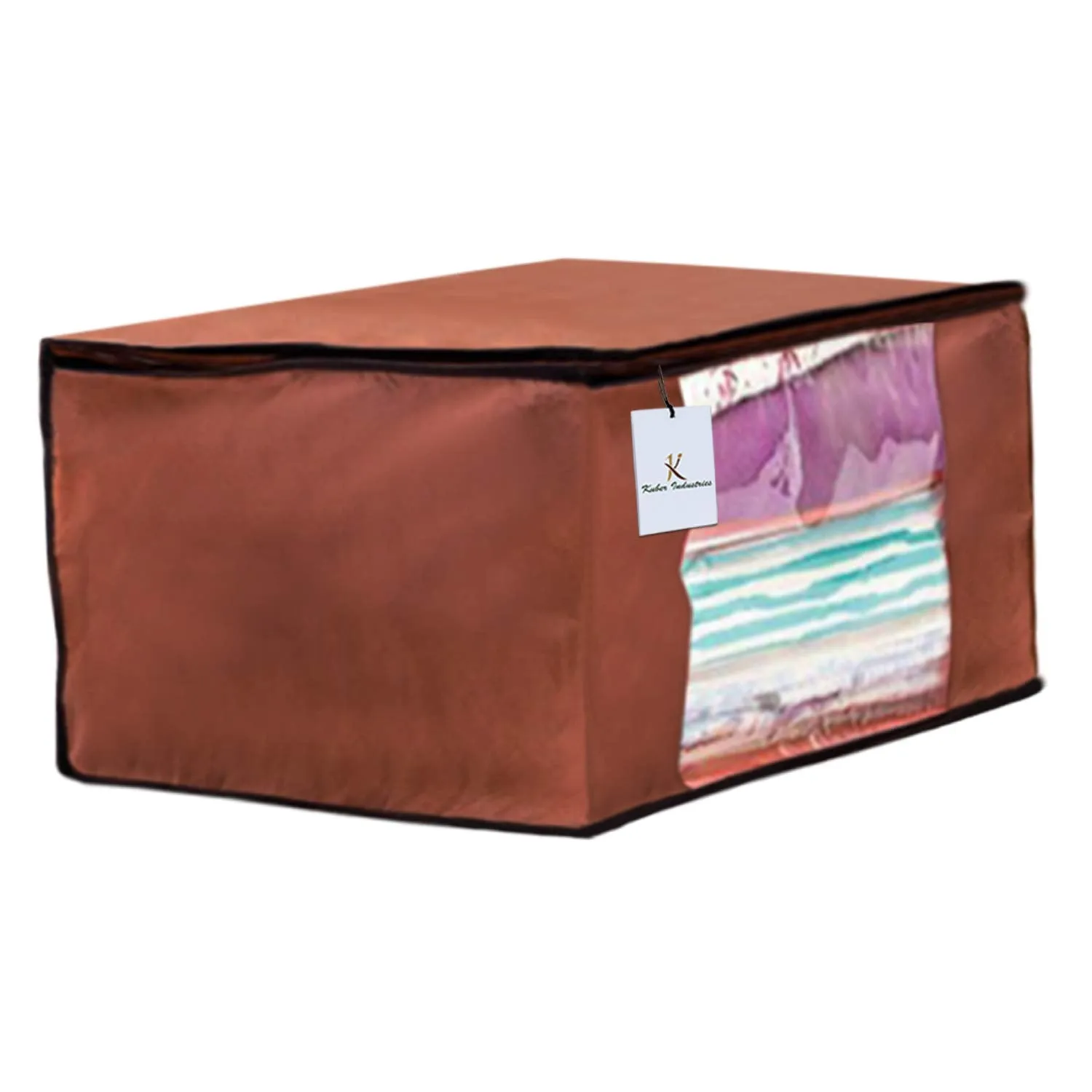 Kuber Industries 3 Piece Non Woven Fabric Saree Cover Set with Transparent Window, Extra Large, Ivory,Pink,Dark Brown