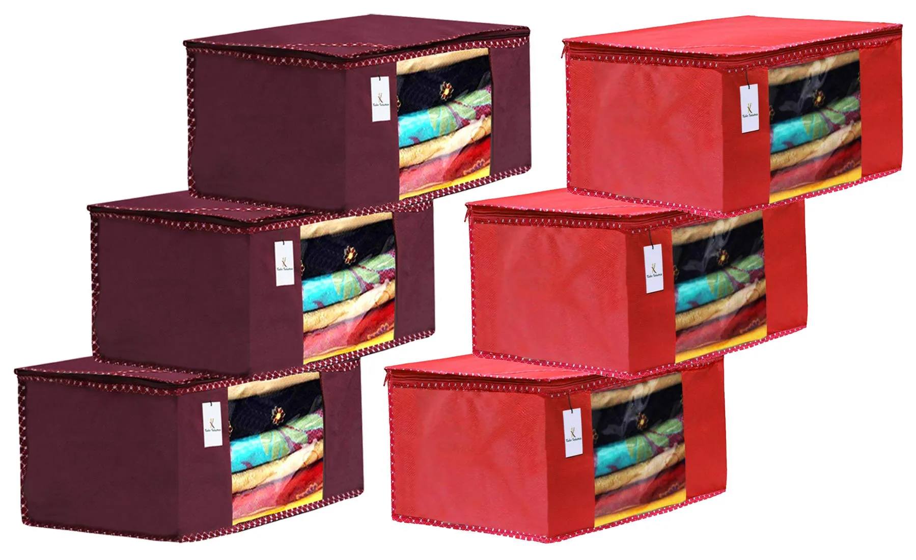 Kuber Industries 6 Piece Non Woven Fabric Saree Cover Set with Transparent Window, Extra Large, Maroon & Red-CTKTC031953