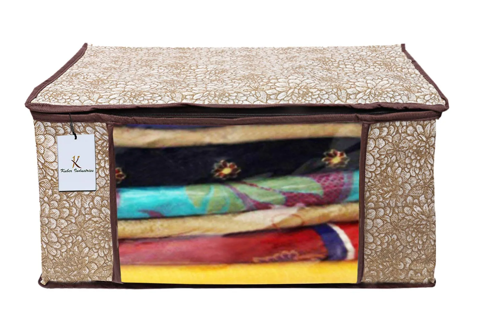 Kuber Industries Flower Design 8 Piece Non Woven Saree Cover, Large, Golden Brown - CTKTC15236