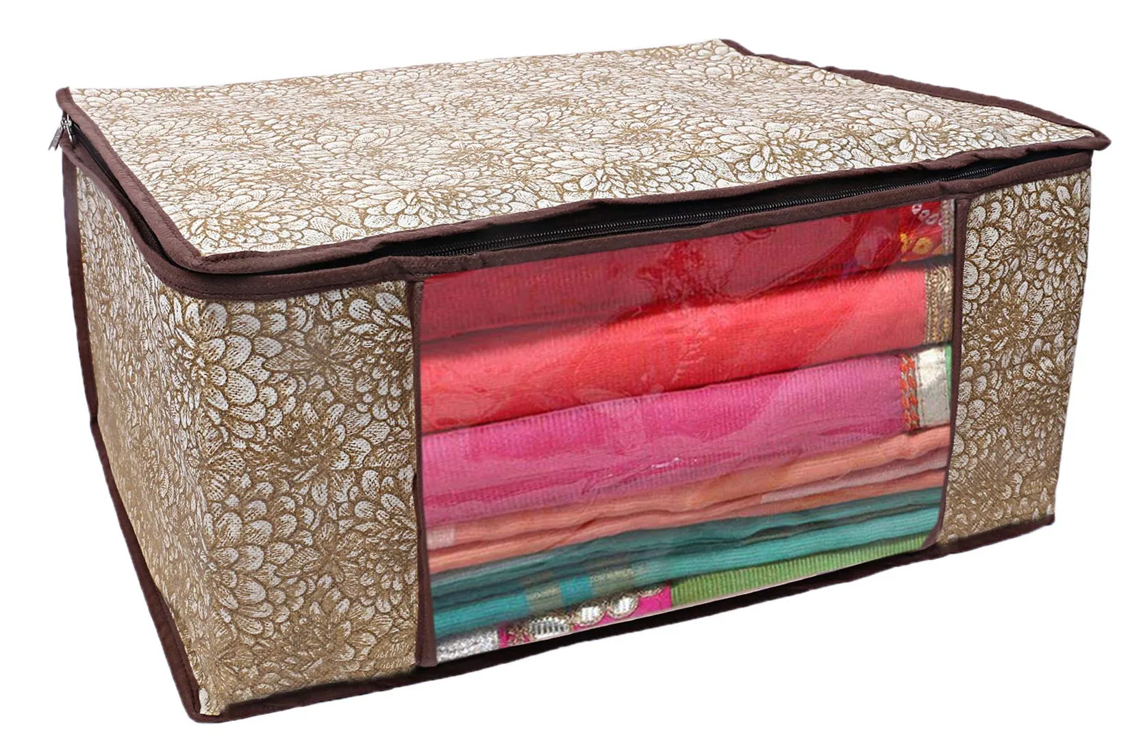 Kuber Industries Flower Design 8 Piece Non Woven Saree Cover, Large, Golden Brown - CTKTC15236