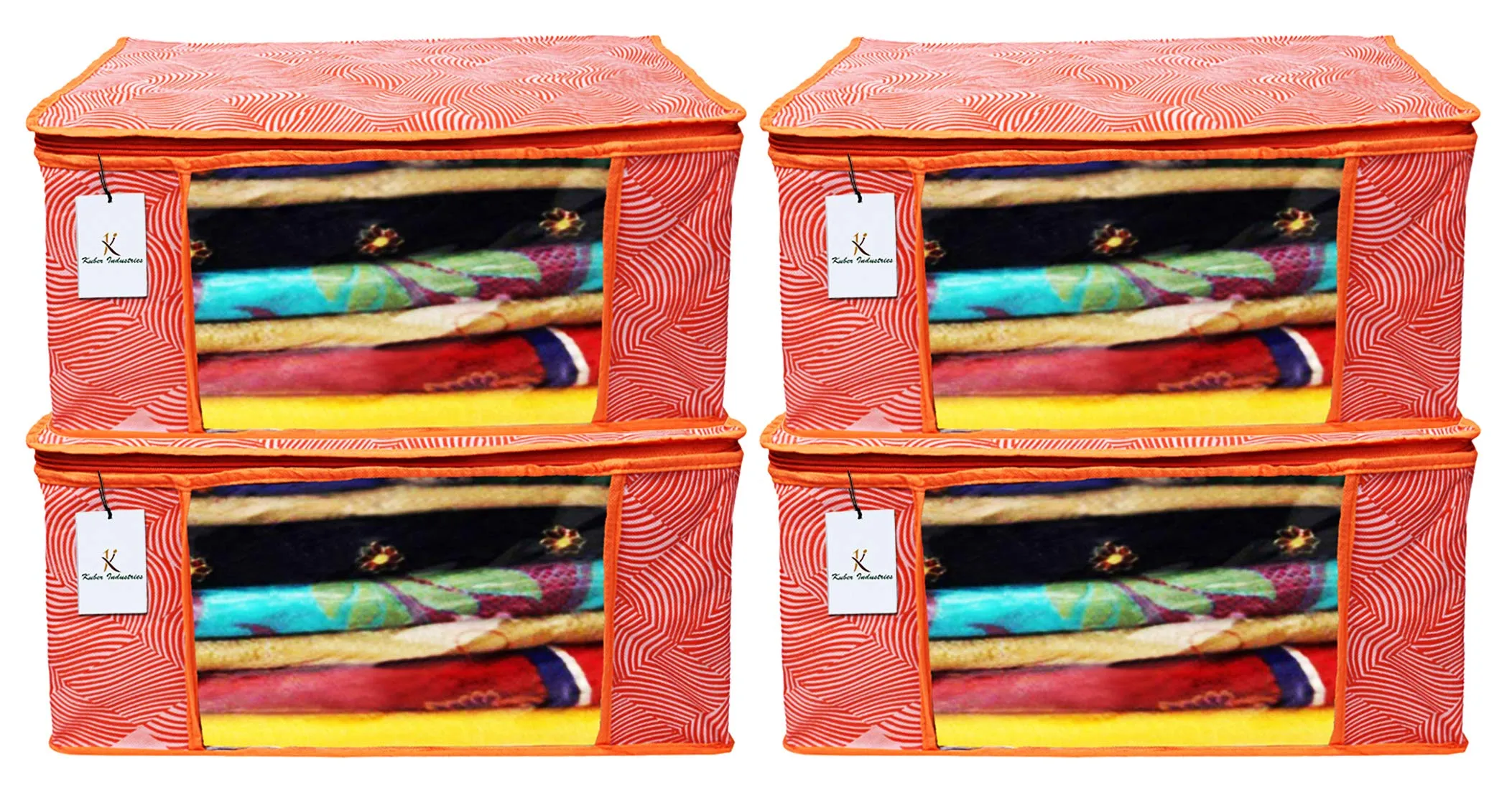 Kuber Industries Leheriya Design 4 Piece Non Woven Saree Cover, Large, Orange - CTKTC15186