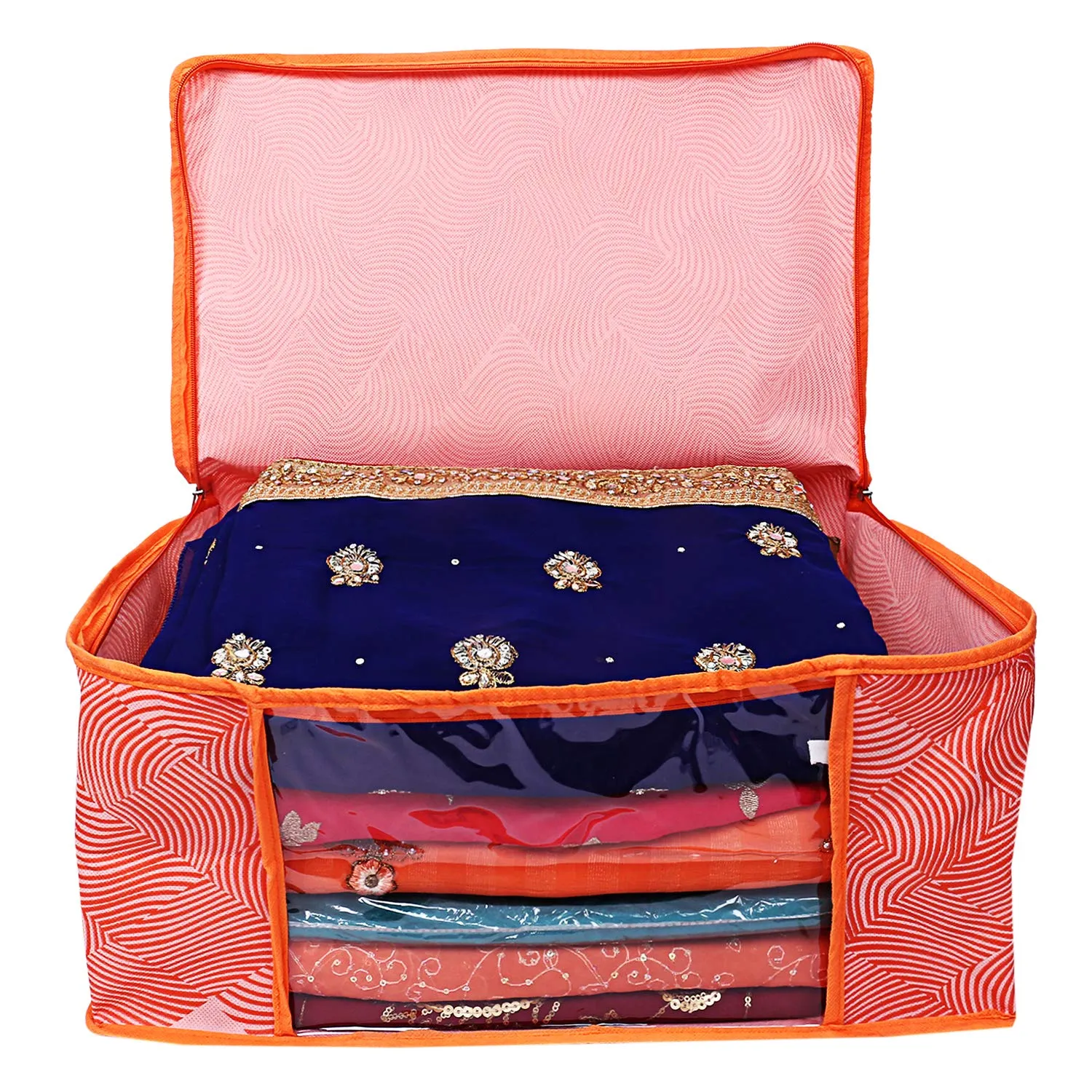 Kuber Industries Leheriya Design 4 Piece Non Woven Saree Cover, Large, Orange - CTKTC15186