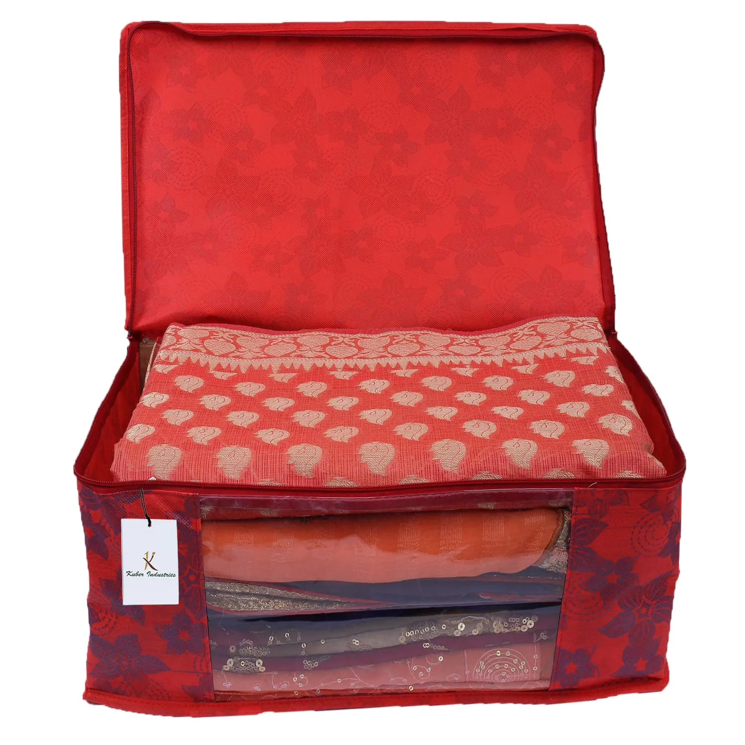 Kuber Industries Metalic Flower 2 Piece Non Woven Saree Cover, Large, Red
