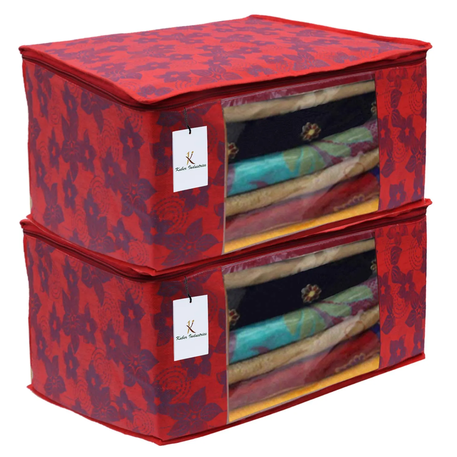 Kuber Industries Metalic Flower 2 Piece Non Woven Saree Cover, Large, Red