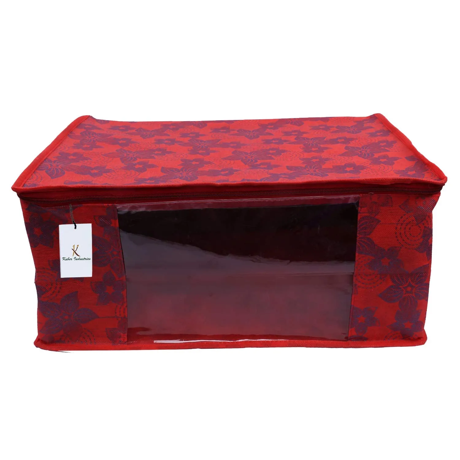 Kuber Industries Metalic Flower 2 Piece Non Woven Saree Cover, Large, Red