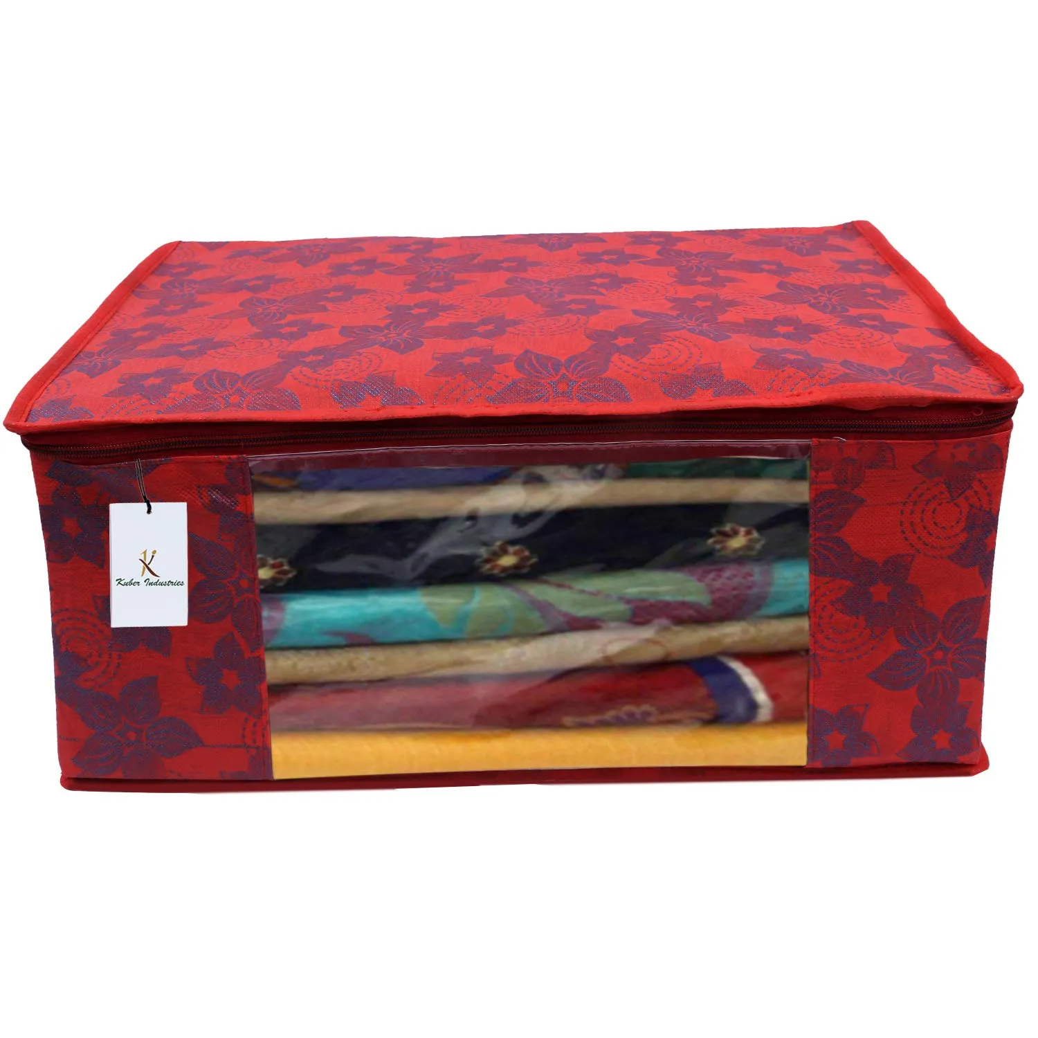 Kuber Industries Metalic Flower 2 Piece Non Woven Saree Cover, Large, Red