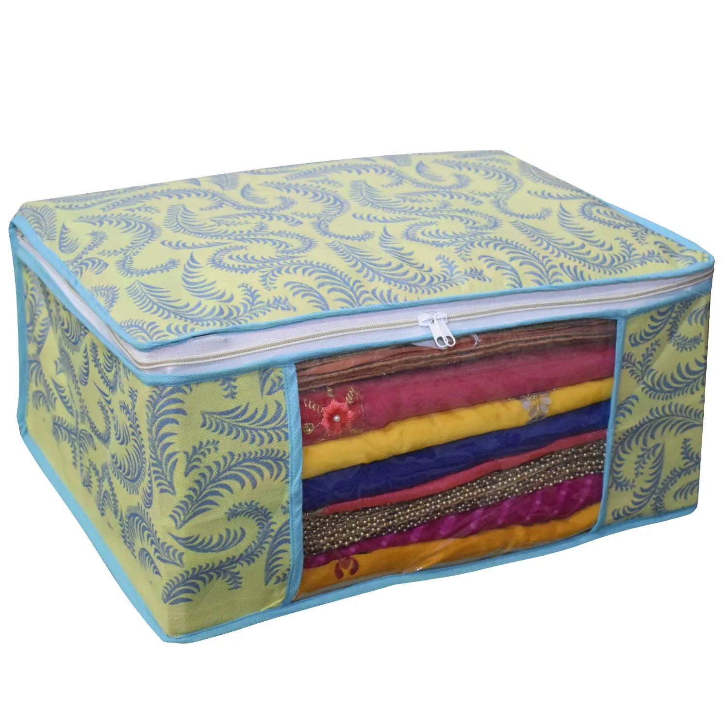 Kuber Industries Metalic Flower 3 Piece Non Woven Saree Cover Set, 7 inch, Green (CTKNEW344)