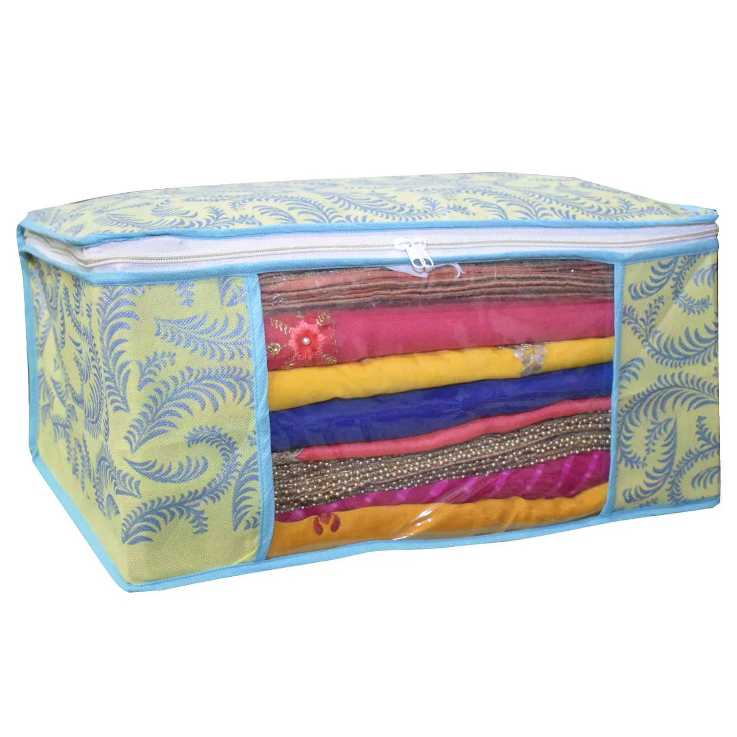 Kuber Industries Metalic Flower 3 Piece Non Woven Saree Cover Set, 7 inch, Green (CTKNEW344)