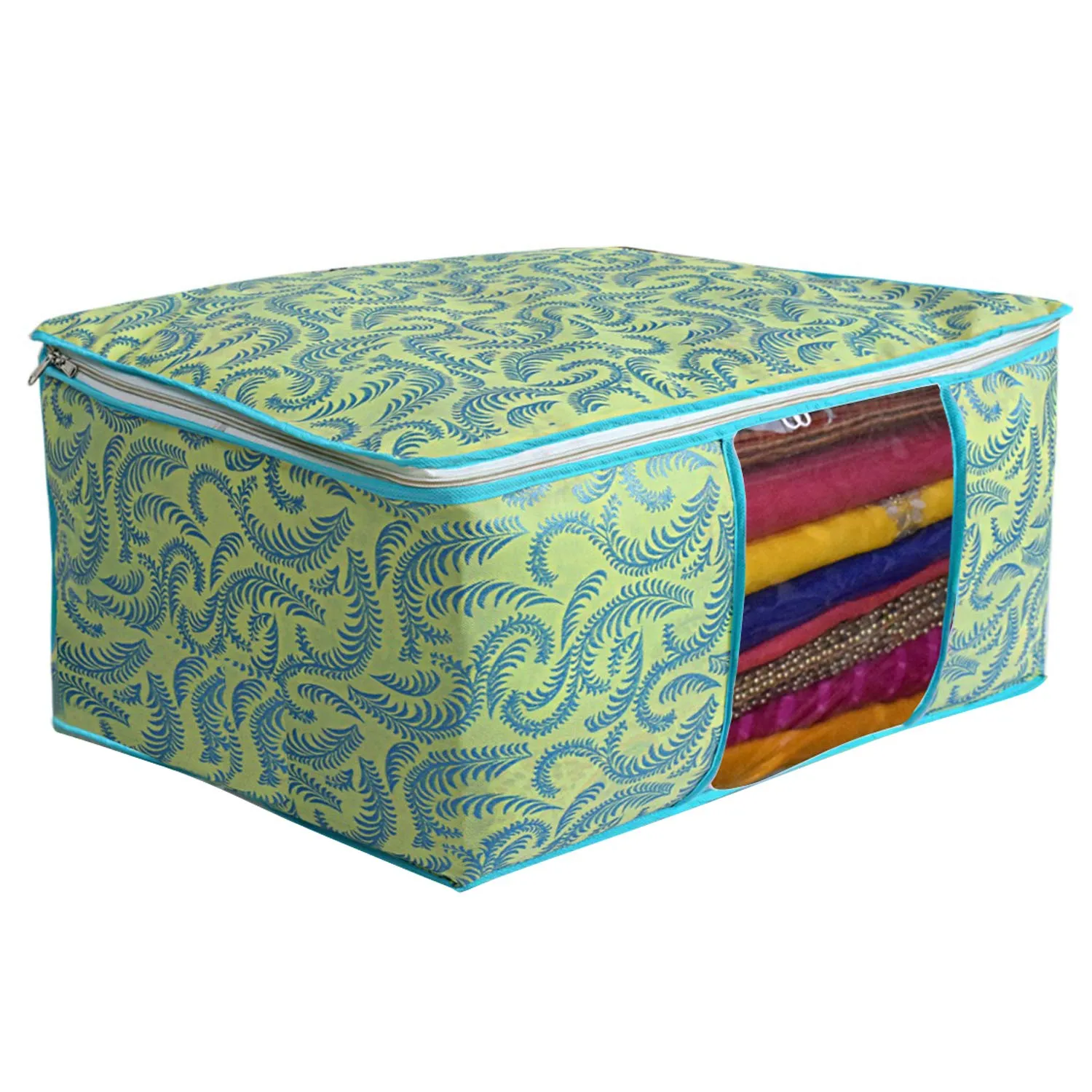Kuber Industries Metalic Flower 3 Piece Non Woven Saree Cover Set, 7 inch, Green (CTKNEW344)
