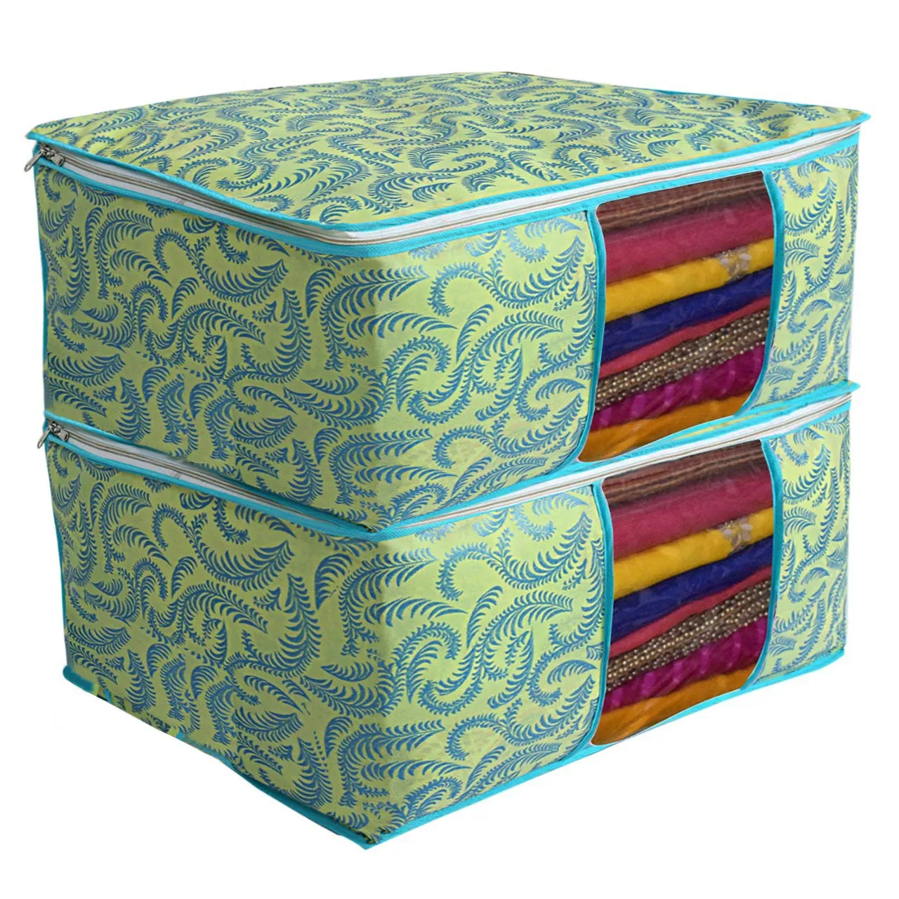 Kuber Industries Metalic Flower 3 Piece Non Woven Saree Cover Set, 7 inch, Green (CTKNEW344)