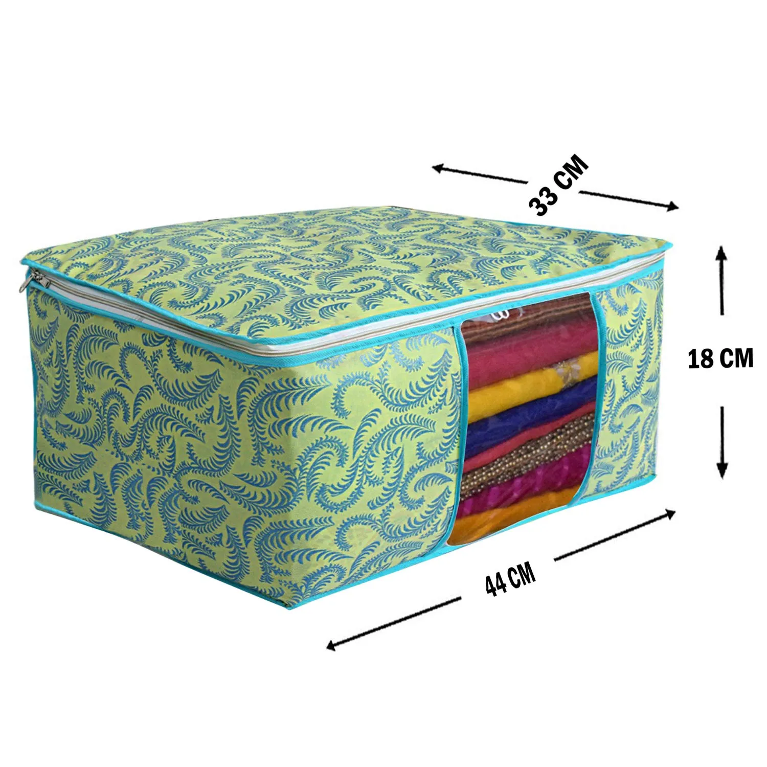 Kuber Industries Metalic Flower 3 Piece Non Woven Saree Cover Set, 7 inch, Green (CTKNEW344)