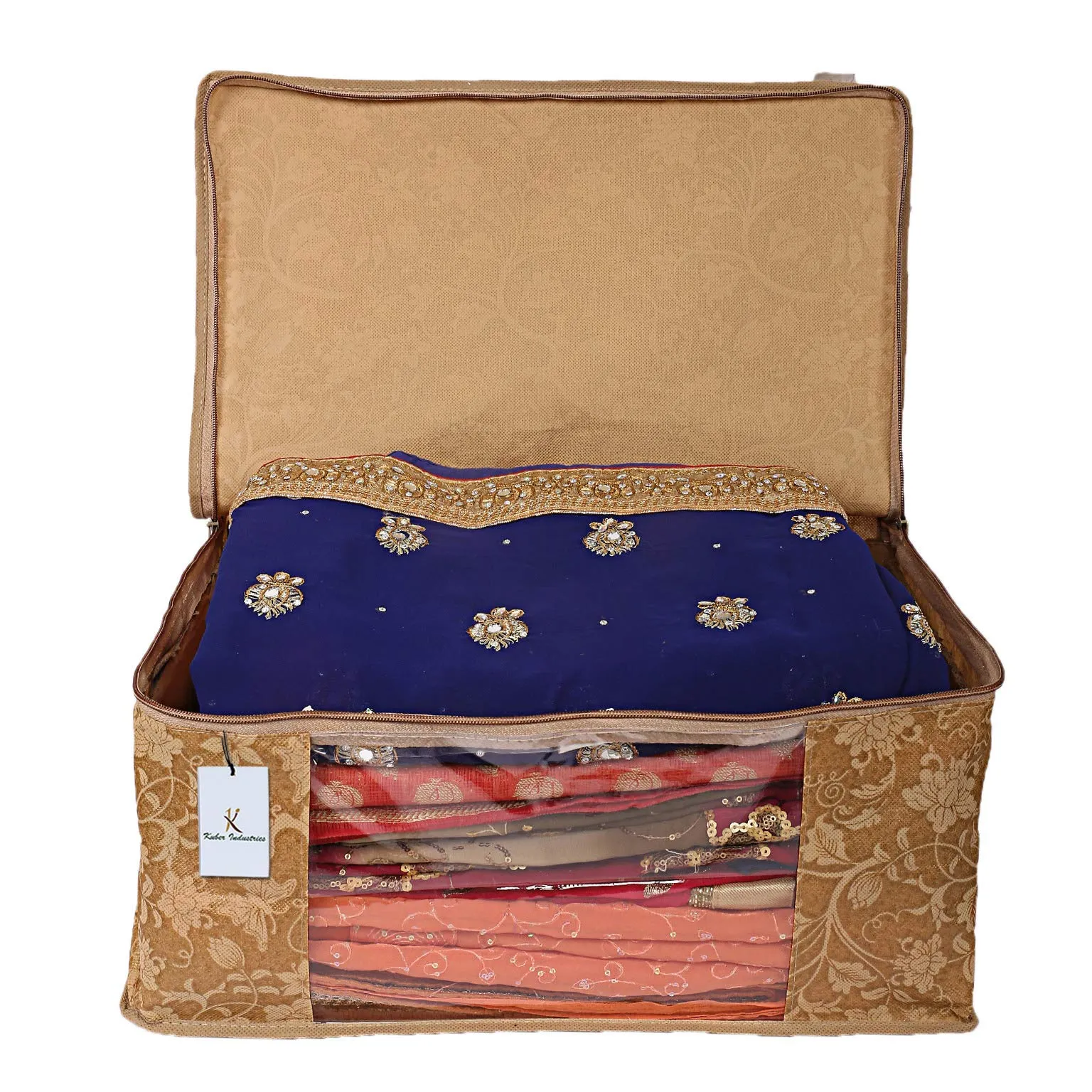 Kuber Industries Metalic Flower 6 Piece Non Woven Saree Cover Set, Large, Beige Pack of 6