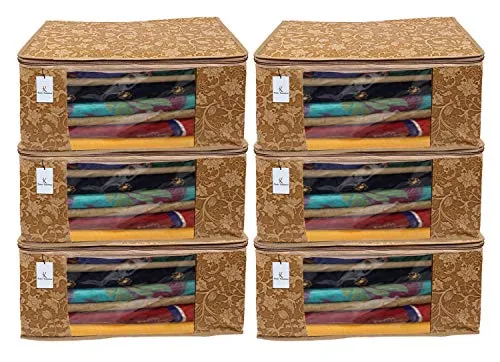 Kuber Industries Metalic Flower 6 Piece Non Woven Saree Cover Set, Large, Beige Pack of 6