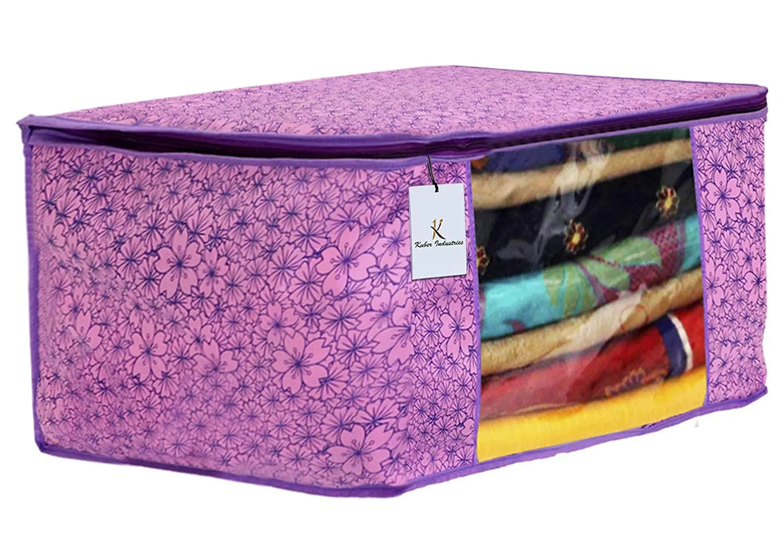 Kuber Industries Metallic Flower Design 2 Piece Non Woven Saree Cover, Large(Pink & Purple) - CTKTC34547