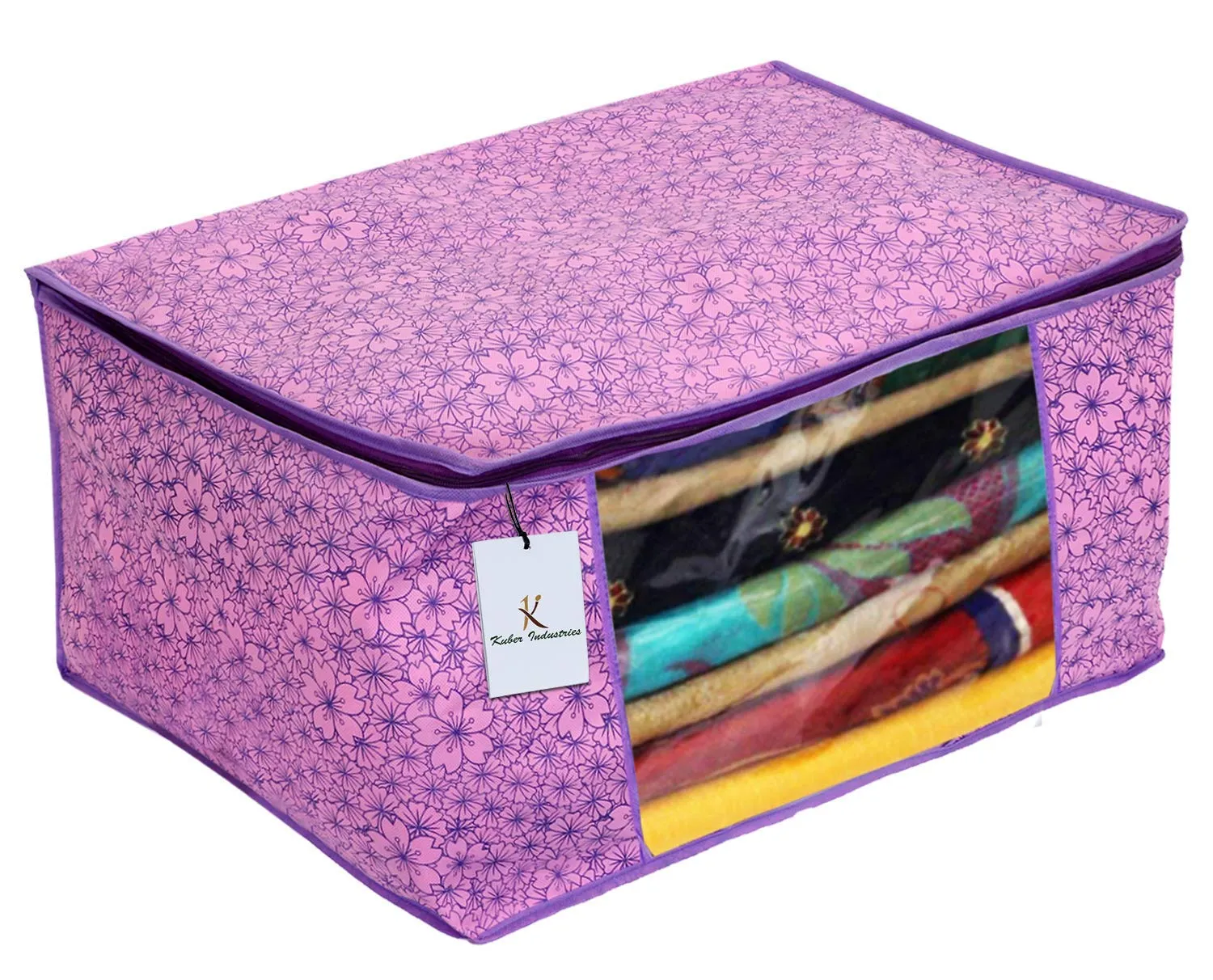 Kuber Industries Metallic Flower Design 2 Piece Non Woven Saree Cover, Large(Pink & Purple) - CTKTC34547