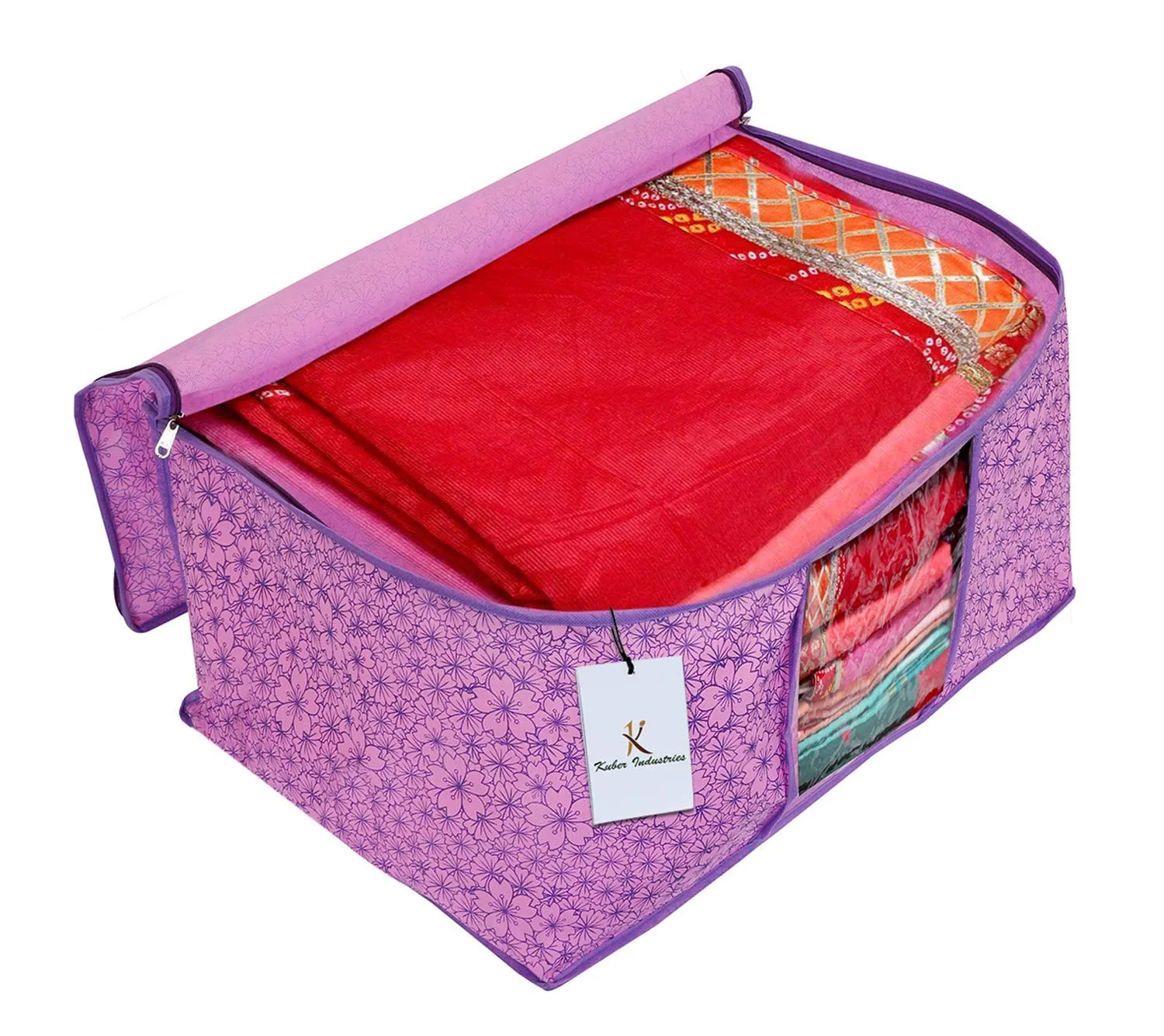 Kuber Industries Metallic Flower Design 2 Piece Non Woven Saree Cover, Large(Pink & Purple) - CTKTC34547