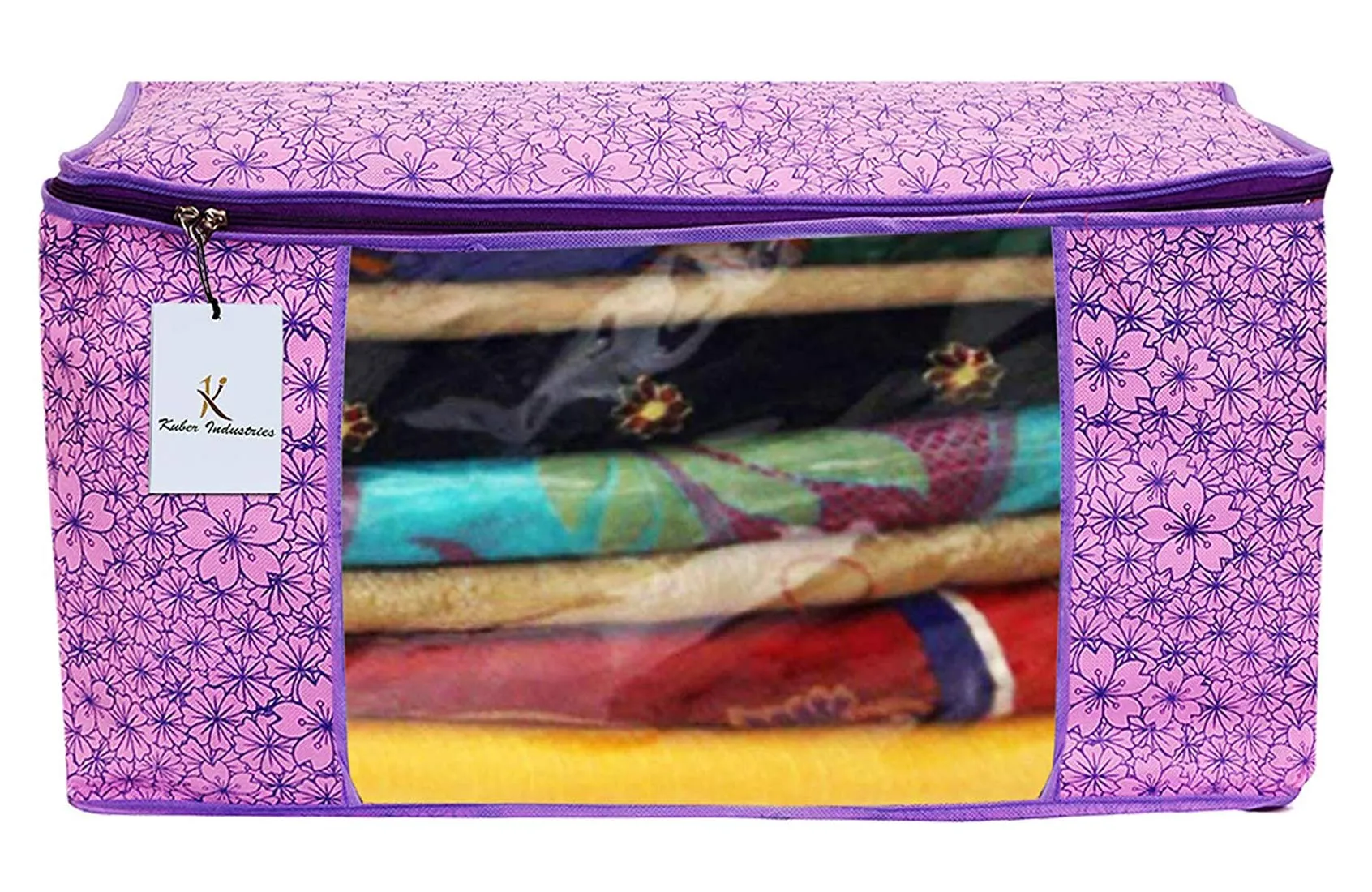 Kuber Industries Metallic Flower Design 2 Piece Non Woven Saree Cover, Large(Pink & Purple) - CTKTC34547