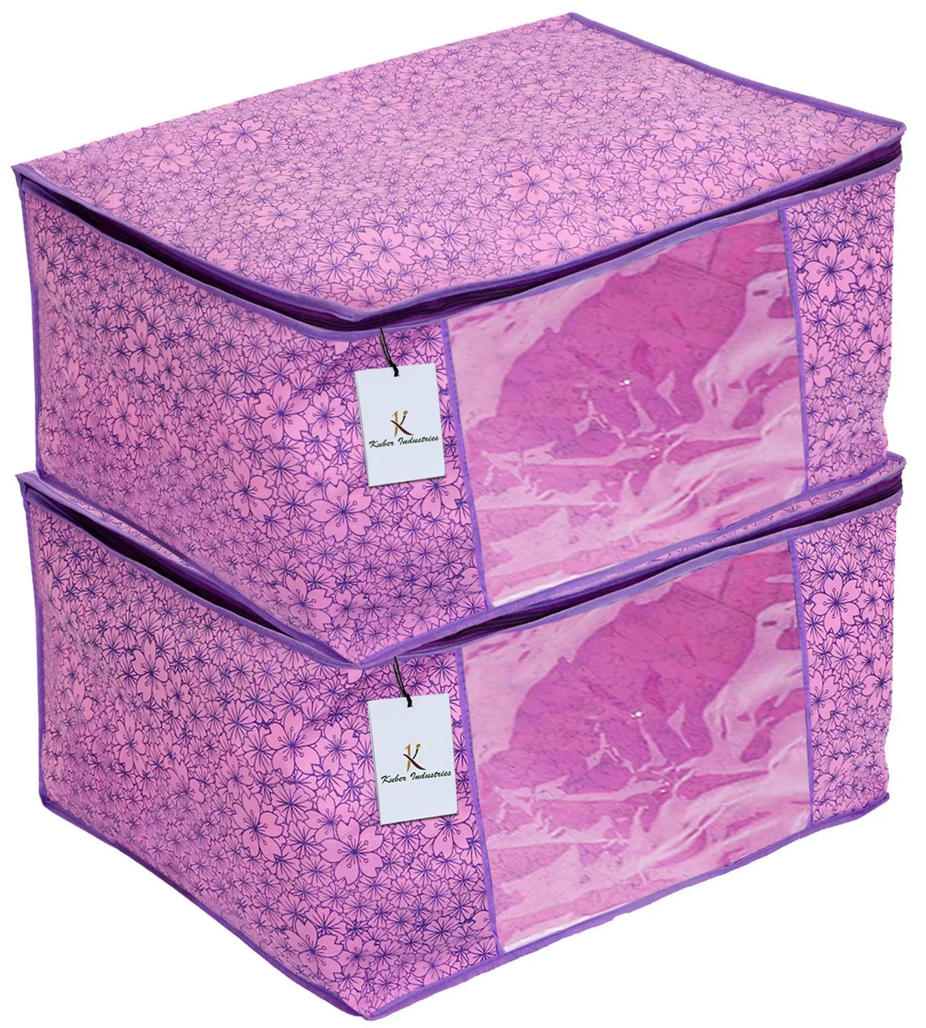 Kuber Industries Metallic Flower Design 2 Piece Non Woven Saree Cover, Large(Pink & Purple) - CTKTC34547