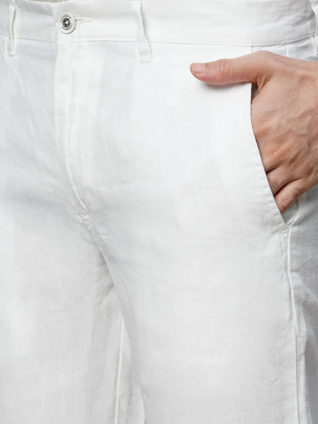 Men's White 100% Linen Regular Fit Pant