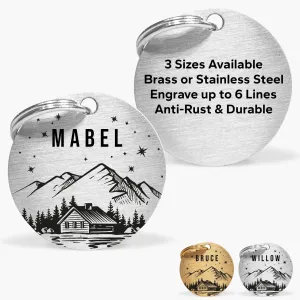 Personalised Engraved Mountain Scene Dog Name Tag in Silver Stainless Steel