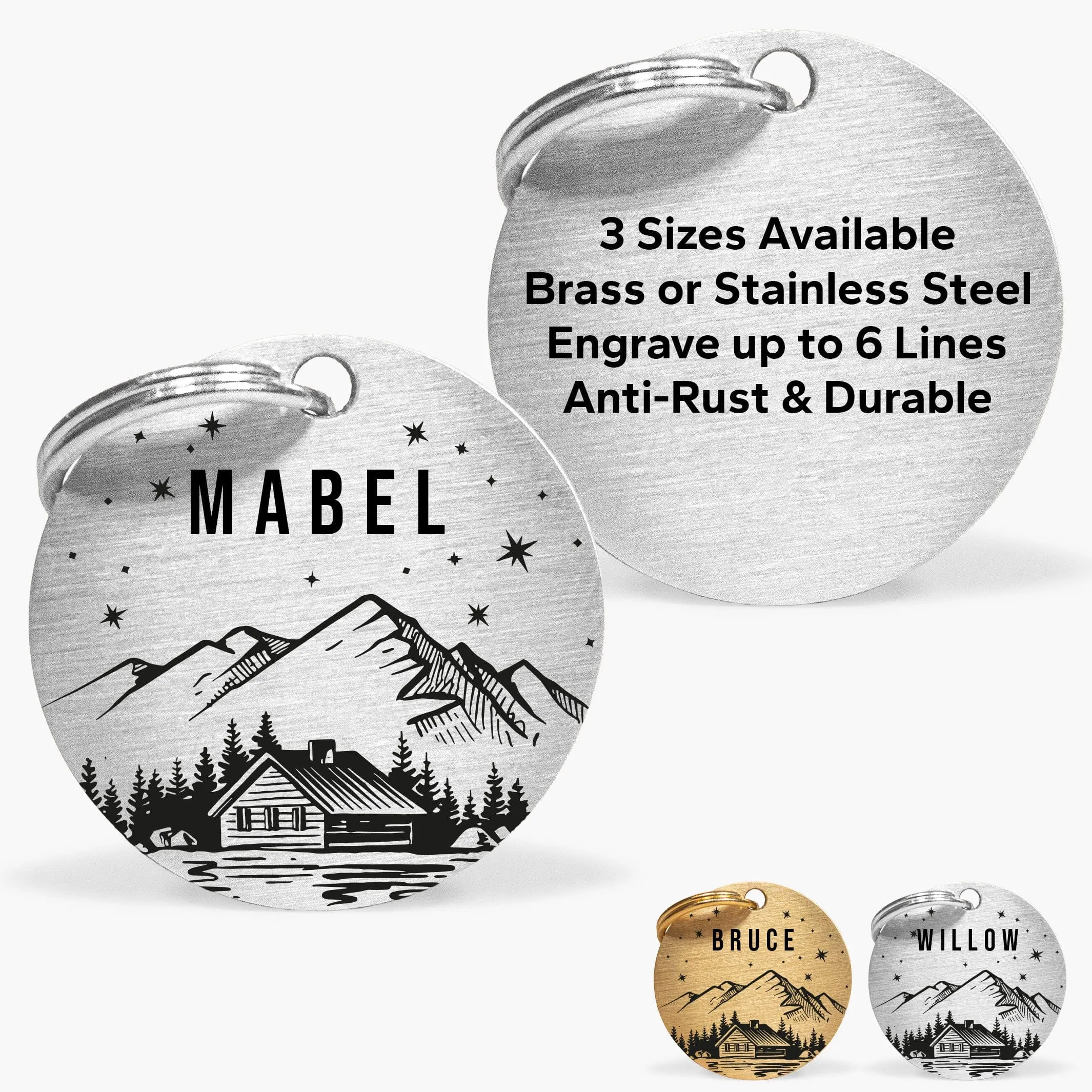 Personalised Engraved Mountain Scene Dog Name Tag in Silver Stainless Steel