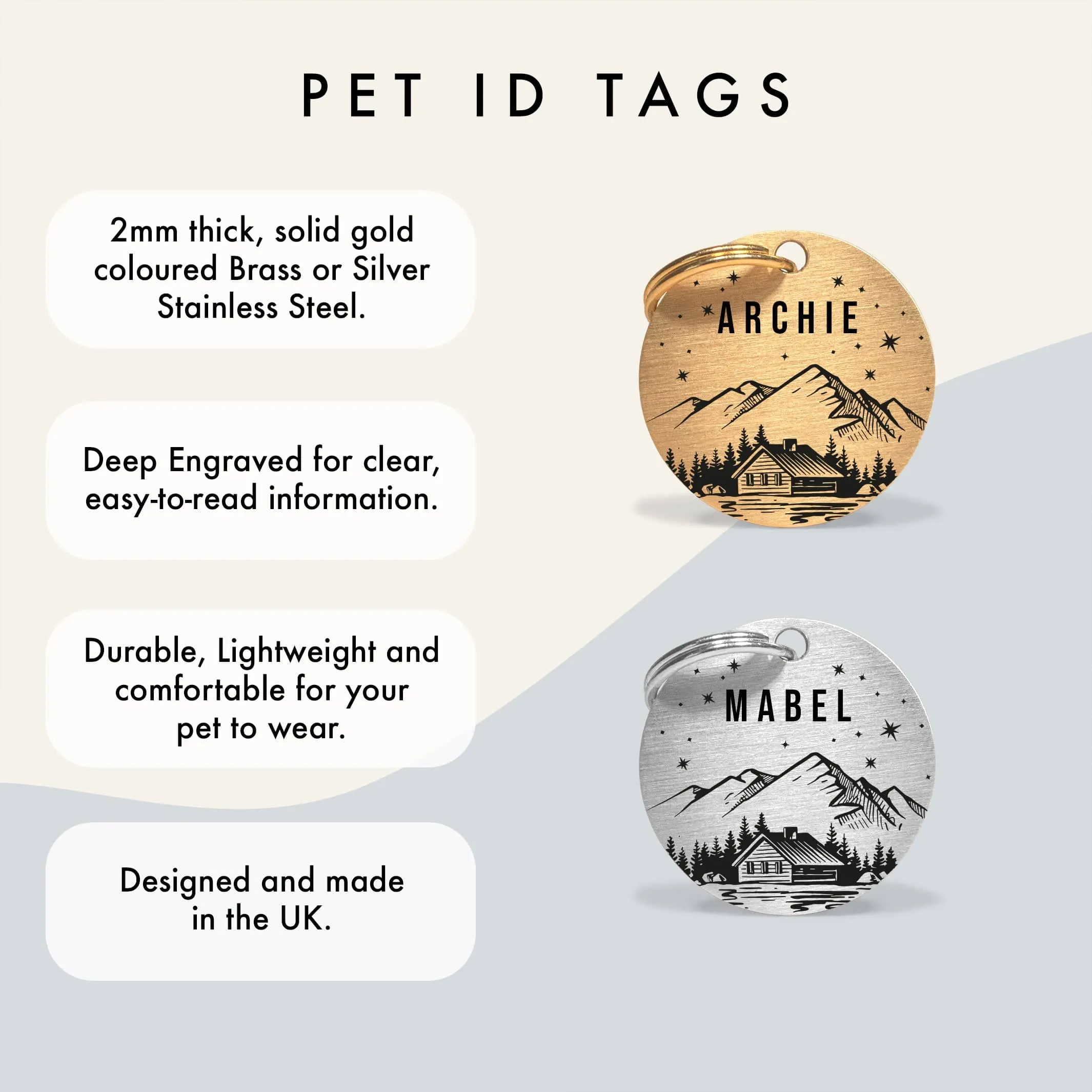 Personalised Engraved Mountain Scene Dog Name Tag in Silver Stainless Steel