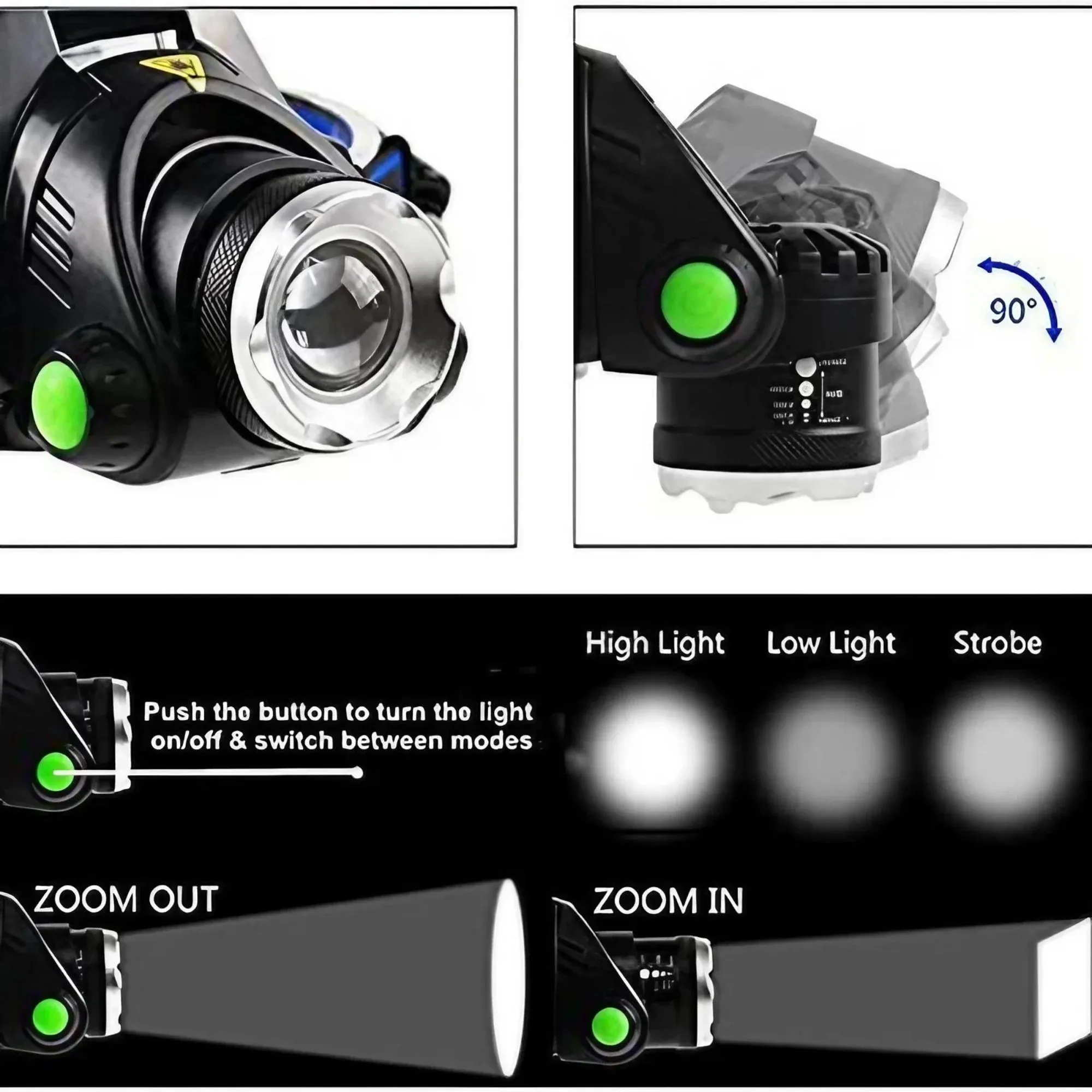 Portable Telescopic Zoom Headlamp USB Rechargeable Detachable LED Waterproof Adjustable Multi-Angle 3 Modes