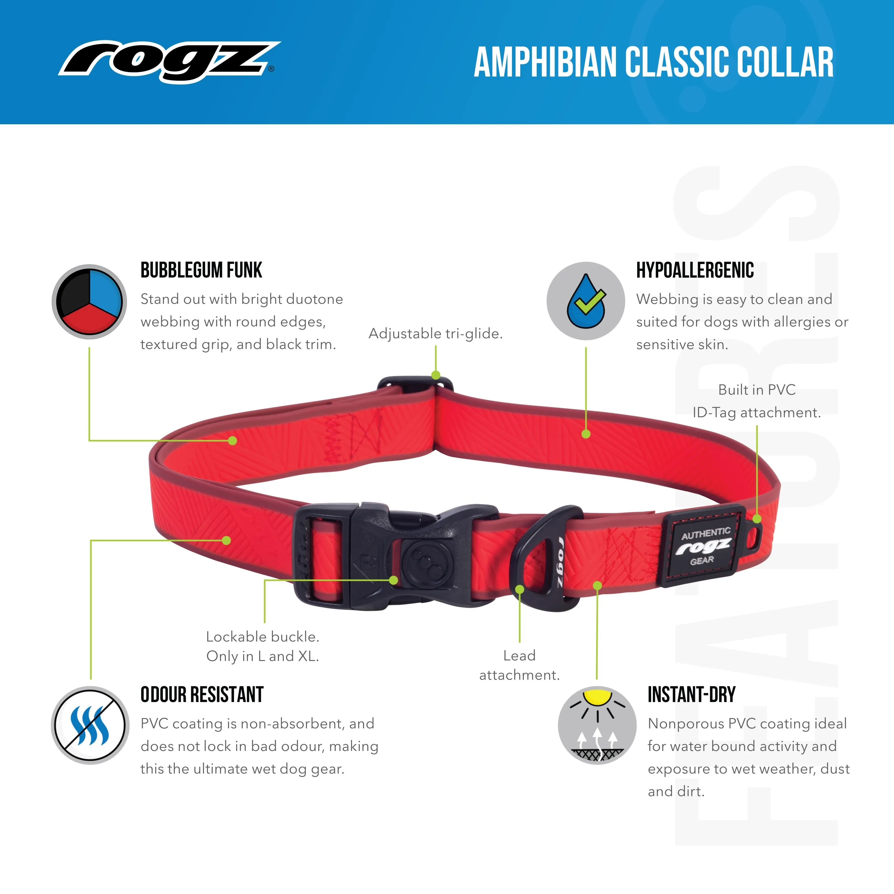 Rogz Classic Amphibian Red Dog Collar Extra Large