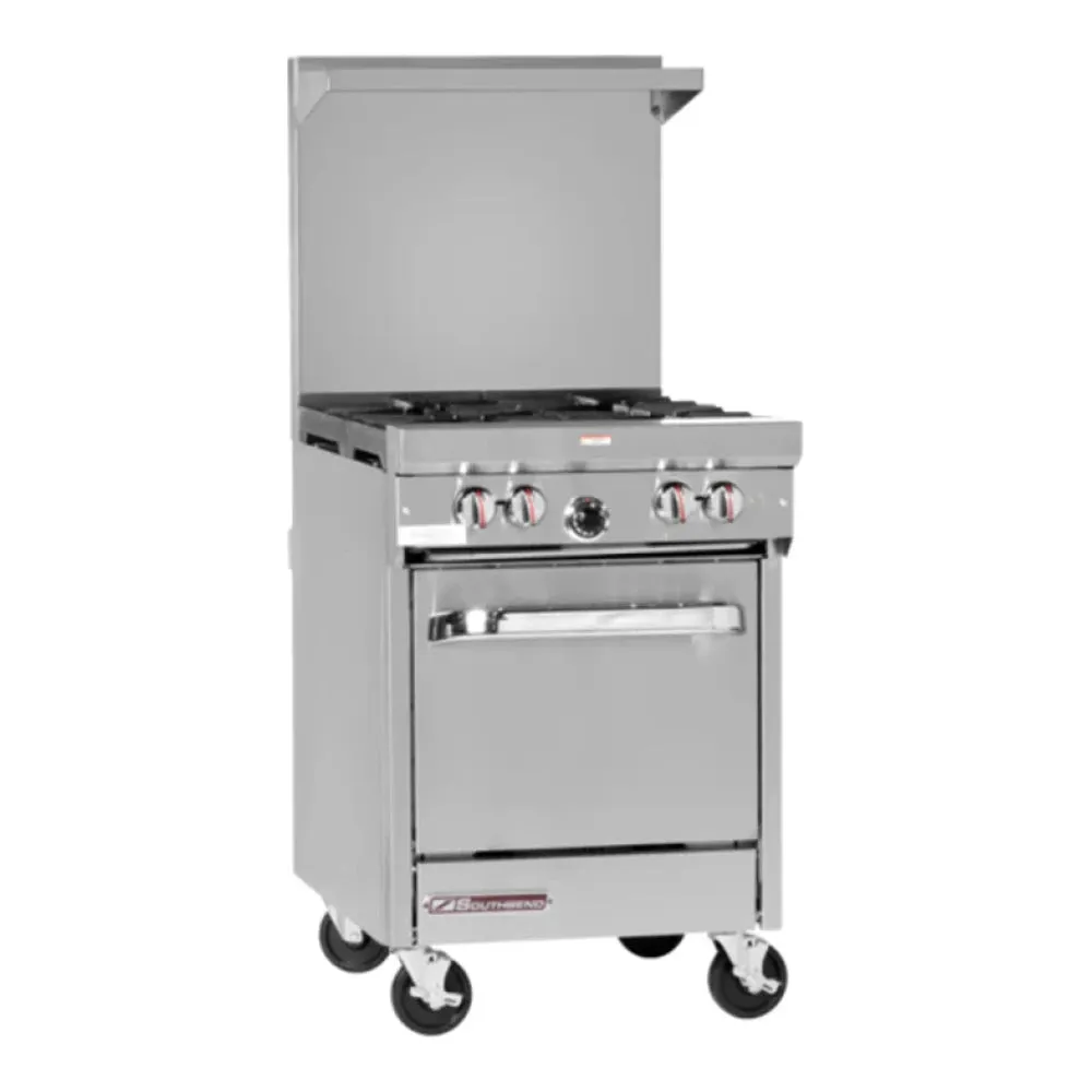 Southbend S24E 24.25" S-Series Stainless Steel Gas Restaurant Range with (4) Open Burners, (1) Space Saver Oven, 147,000 Total BTU