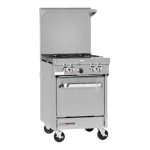 Southbend S24E 24.25" S-Series Stainless Steel Gas Restaurant Range with (4) Open Burners, (1) Space Saver Oven, 147,000 Total BTU