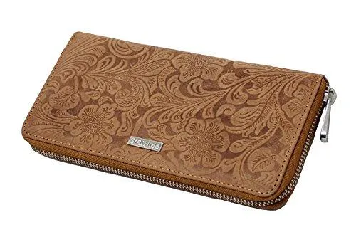 STARHIDE Ladies Womens RFID Blocking Purse Full Zip Around Embossed Floral Genuine Distressed Hunter Leather Clutch Wallet (Brown) 5590