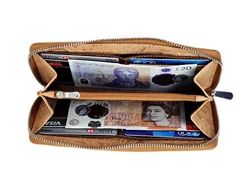 STARHIDE Ladies Womens RFID Blocking Purse Full Zip Around Embossed Floral Genuine Distressed Hunter Leather Clutch Wallet (Brown) 5590