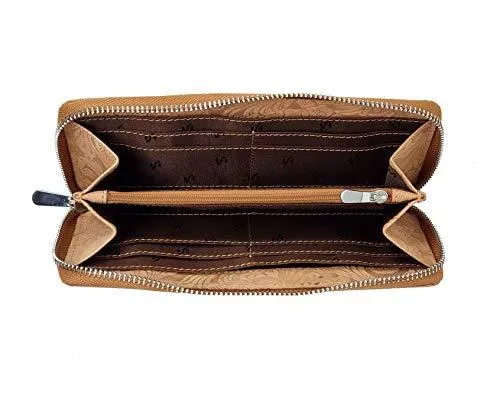 STARHIDE Ladies Womens RFID Blocking Purse Full Zip Around Embossed Floral Genuine Distressed Hunter Leather Clutch Wallet (Brown) 5590