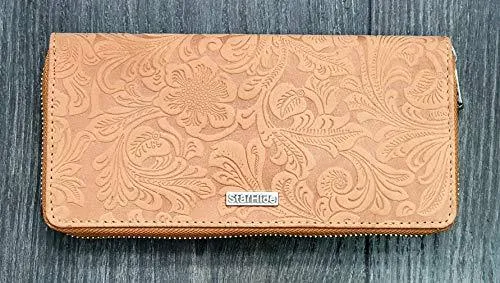 STARHIDE Ladies Womens RFID Blocking Purse Full Zip Around Embossed Floral Genuine Distressed Hunter Leather Clutch Wallet (Brown) 5590