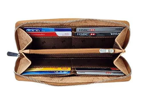 STARHIDE Ladies Womens RFID Blocking Purse Full Zip Around Embossed Floral Genuine Distressed Hunter Leather Clutch Wallet (Brown) 5590