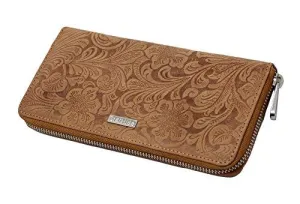 STARHIDE Ladies Womens RFID Blocking Purse Full Zip Around Embossed Floral Genuine Distressed Hunter Leather Clutch Wallet (Brown) 5590
