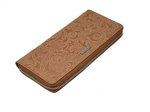 STARHIDE Ladies Womens RFID Blocking Purse Full Zip Around Embossed Floral Genuine Distressed Hunter Leather Clutch Wallet (Brown) 5590