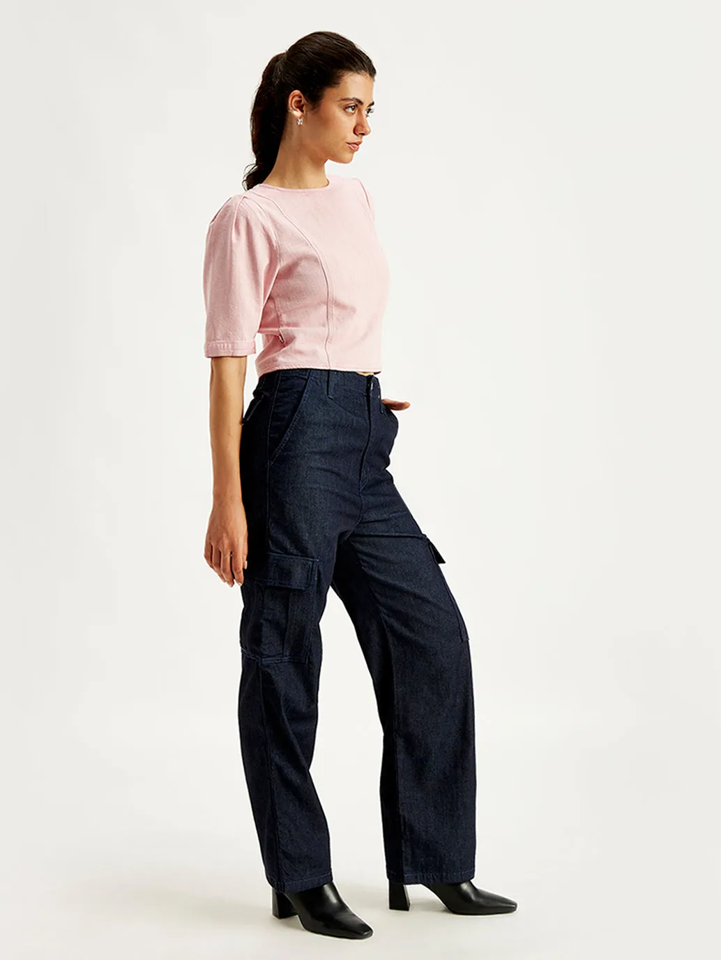 Women's High Rise Baggy Fit Navy Cargo Jeans