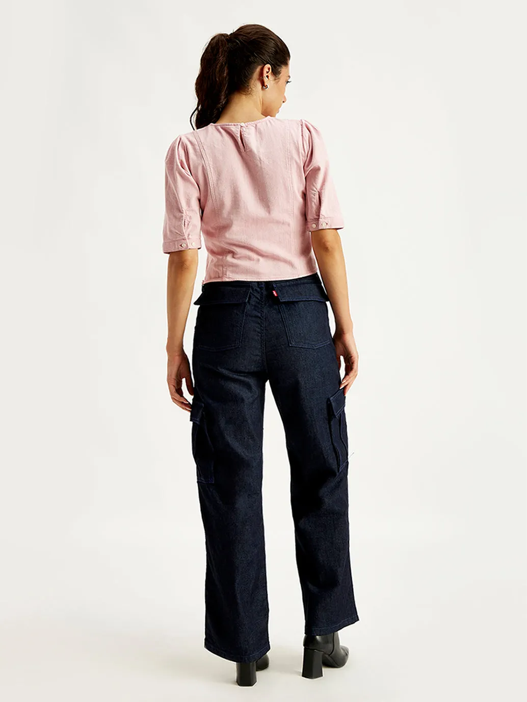 Women's High Rise Baggy Fit Navy Cargo Jeans