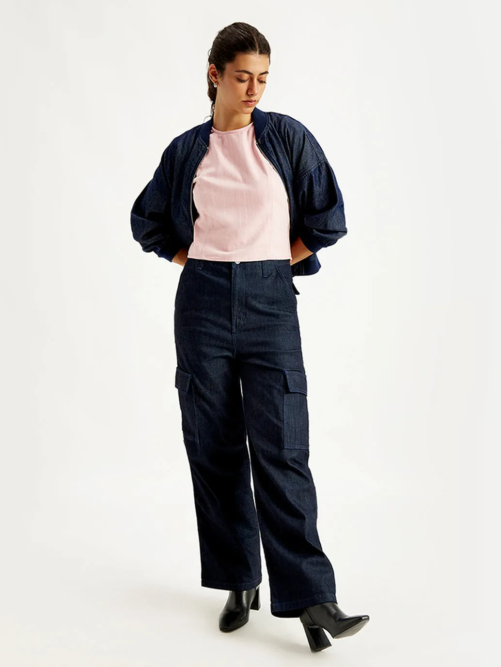 Women's High Rise Baggy Fit Navy Cargo Jeans