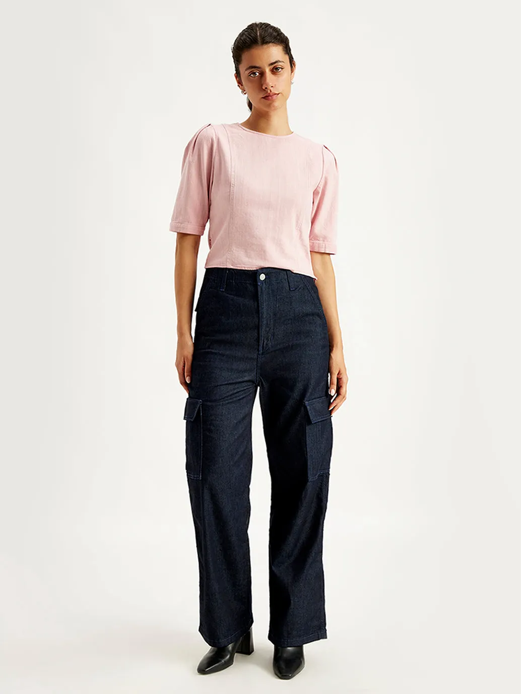 Women's High Rise Baggy Fit Navy Cargo Jeans