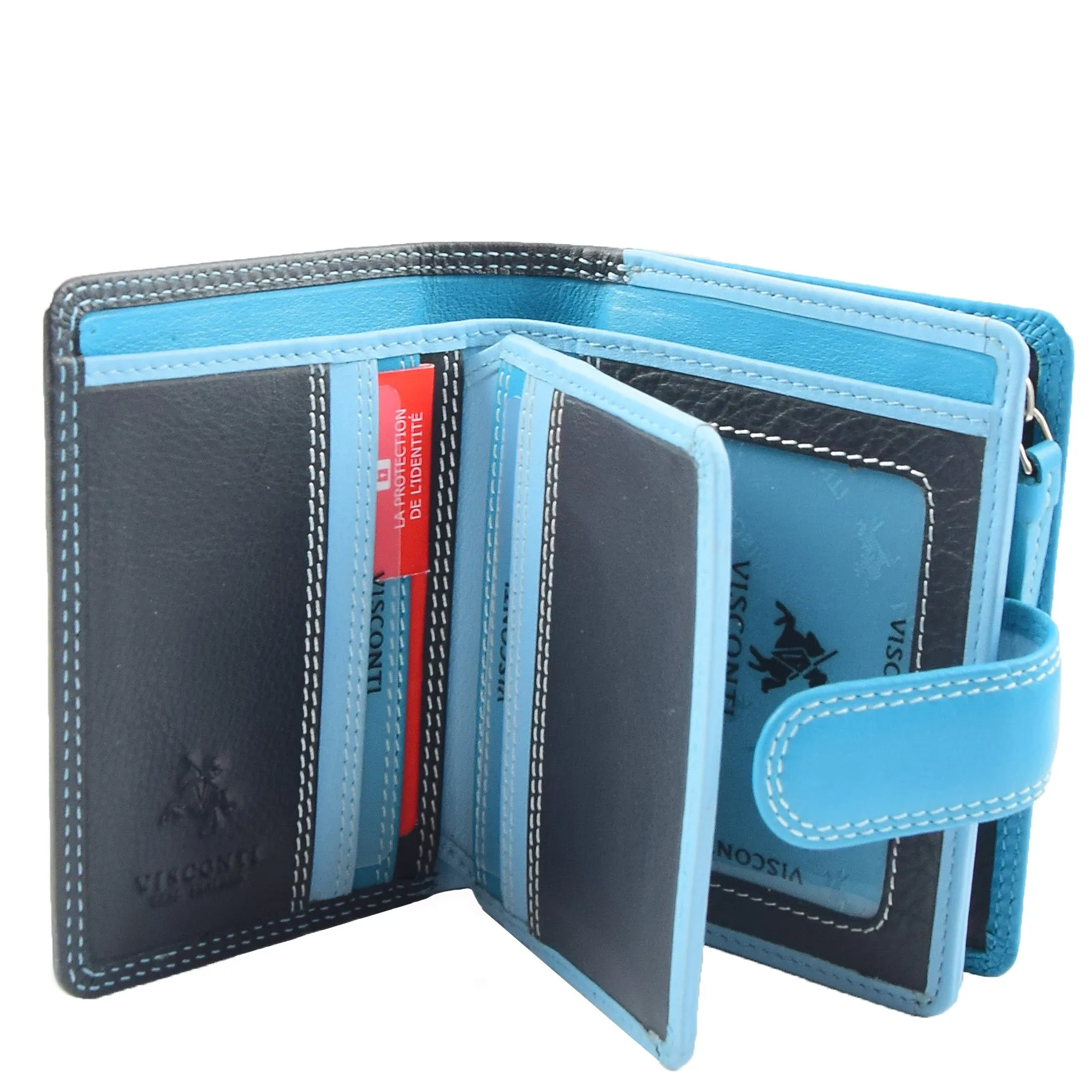 Womens Real Soft Leather Small Zip Bi Fold HOL404 Blue Multi