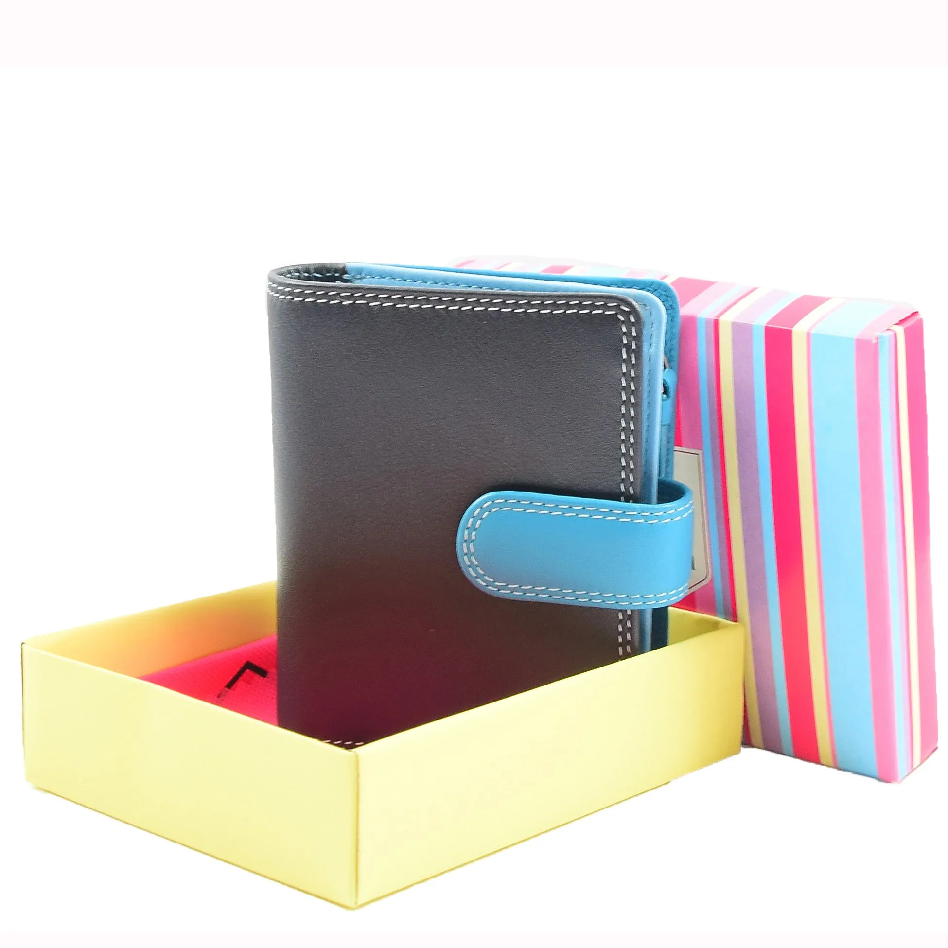 Womens Real Soft Leather Small Zip Bi Fold HOL404 Blue Multi
