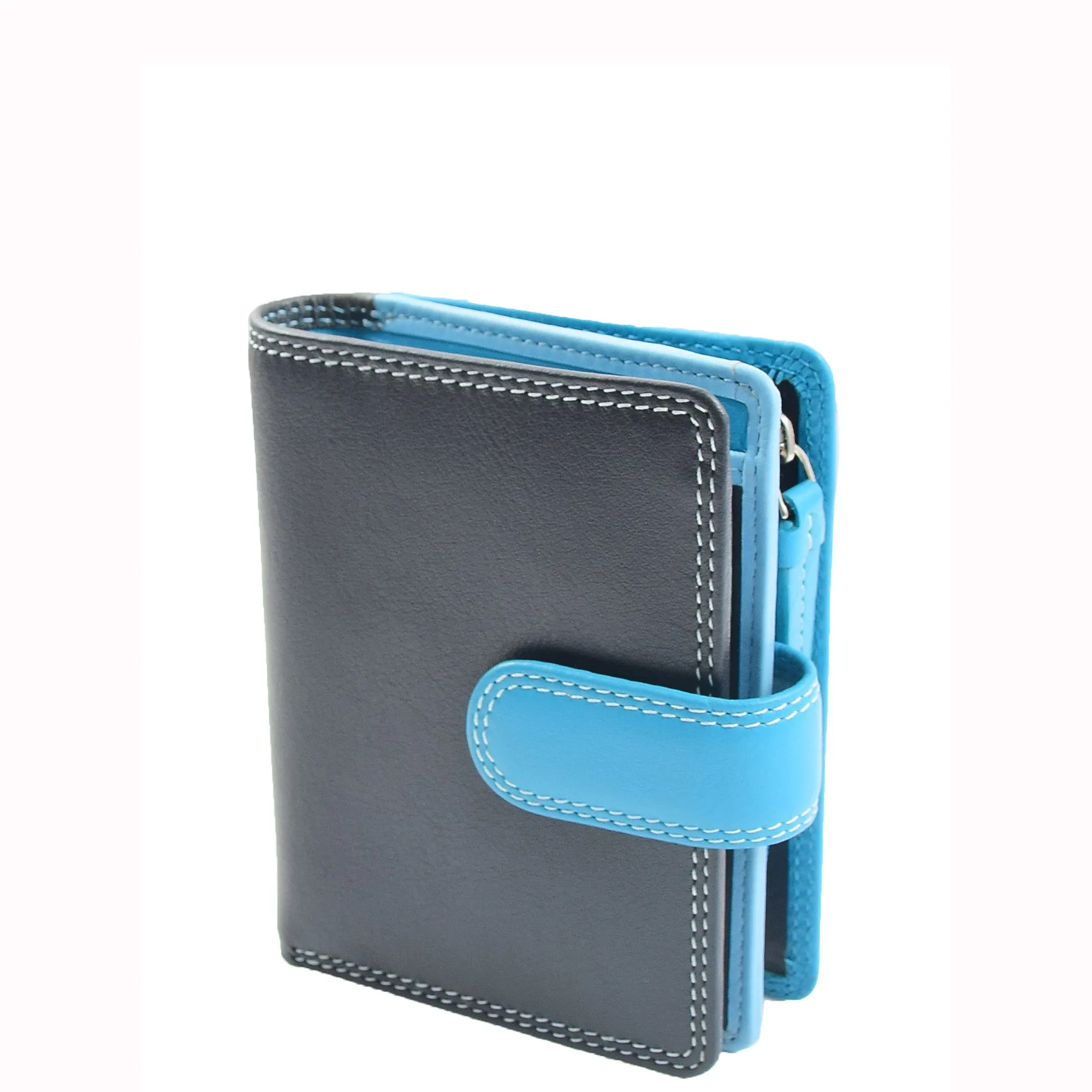 Womens Real Soft Leather Small Zip Bi Fold HOL404 Blue Multi